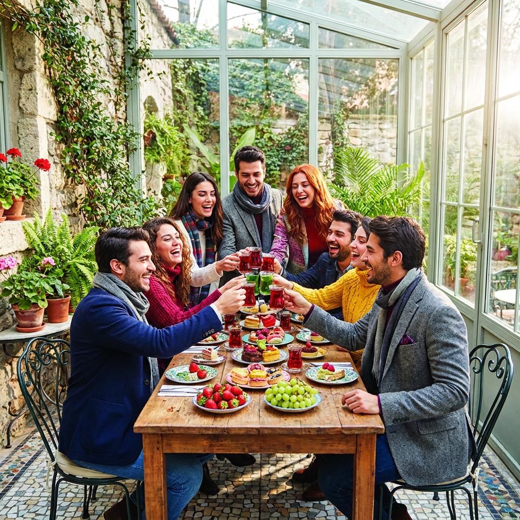 Moda begonviller ve sarmaşıklar altında buzlu meyveli kokteyller içip kahkahalar atan şık arkadaş grubu
