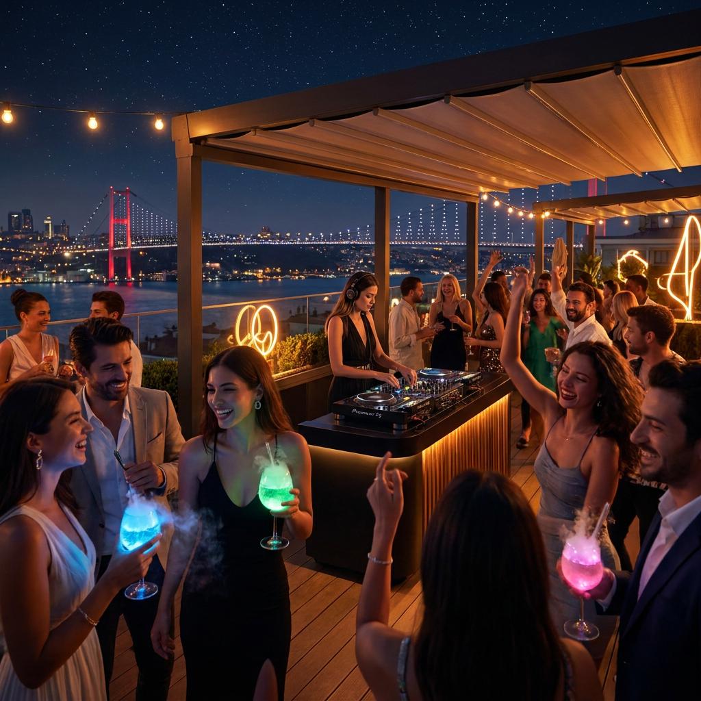 Beyoğlu Boğaz manzaralı lüks rooftop kulübünde set başında kadın DJ ve parıltılı kokteyllerle dans eden enerjik tarz sahibi kalabalık