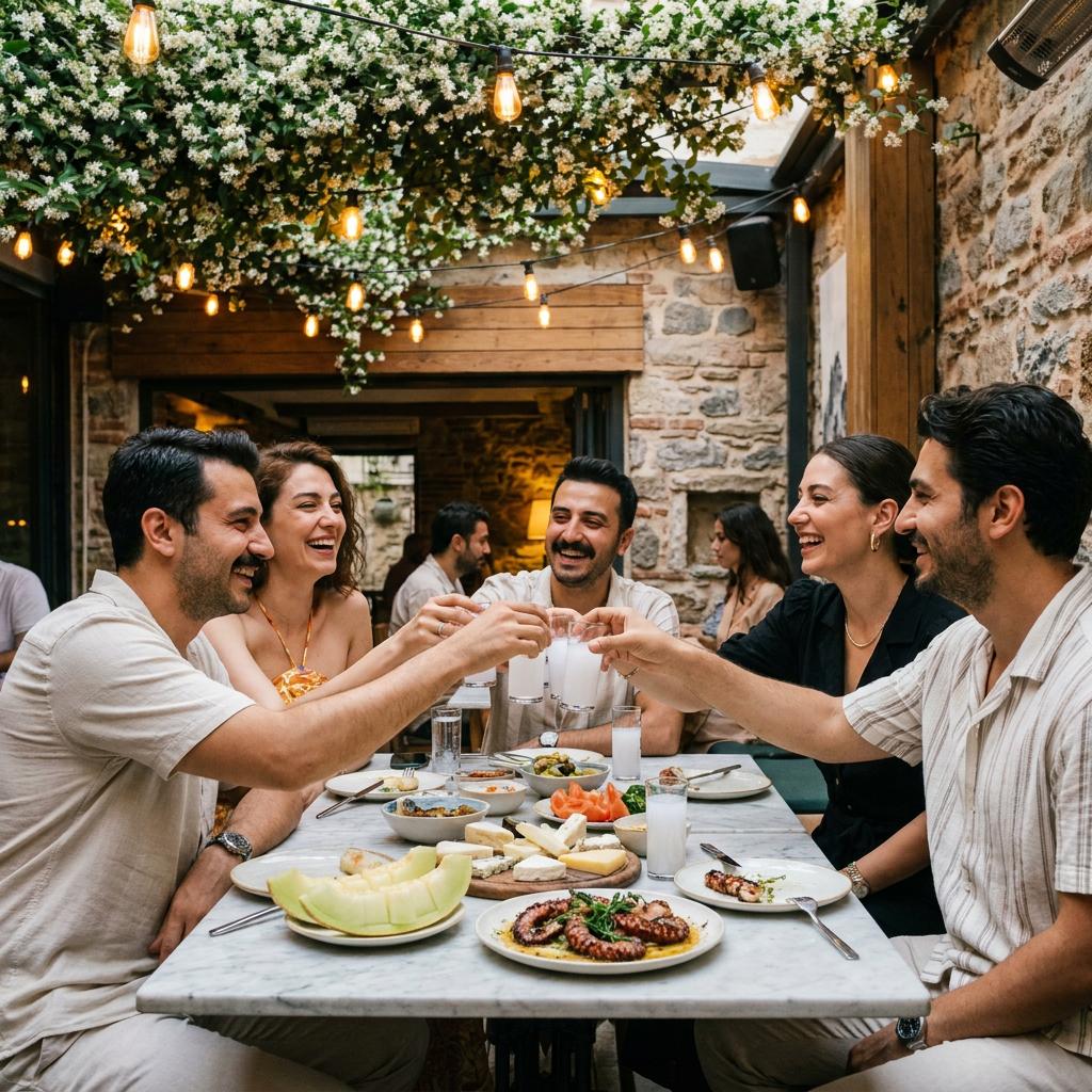 Kadıköy şık modern meyhane tavanından sarkan taze yaseminler ve sarı loş ışıklar altında buzlu rakı kadehleri ve ahtapot ızgara ile neşeli dost meclisi