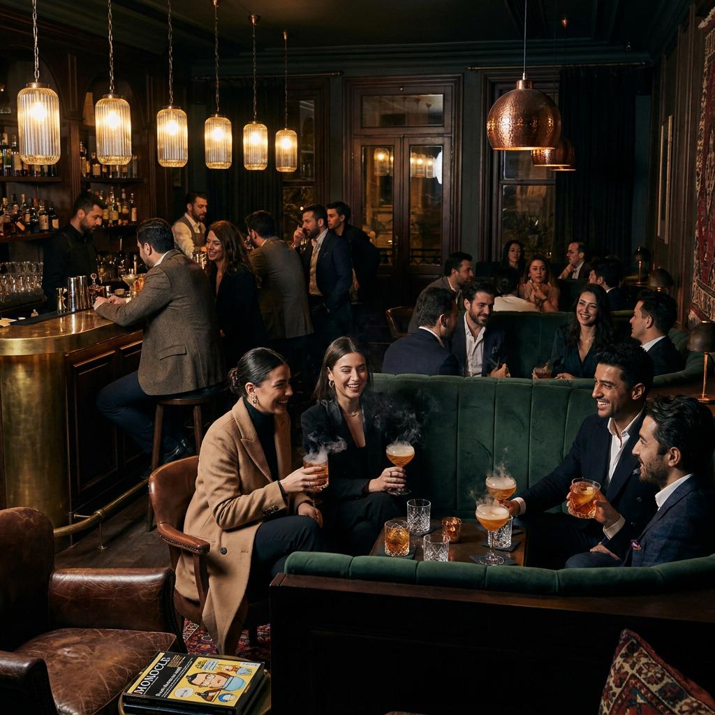 Akaretler tarihi sıra evlerinde loş parıltılı modern mimarili şık bir lüks gastro-lounge ve kokteyl barında deep house ritmleri eşliğinde kadehlerini yudumlayan elit kalabalık