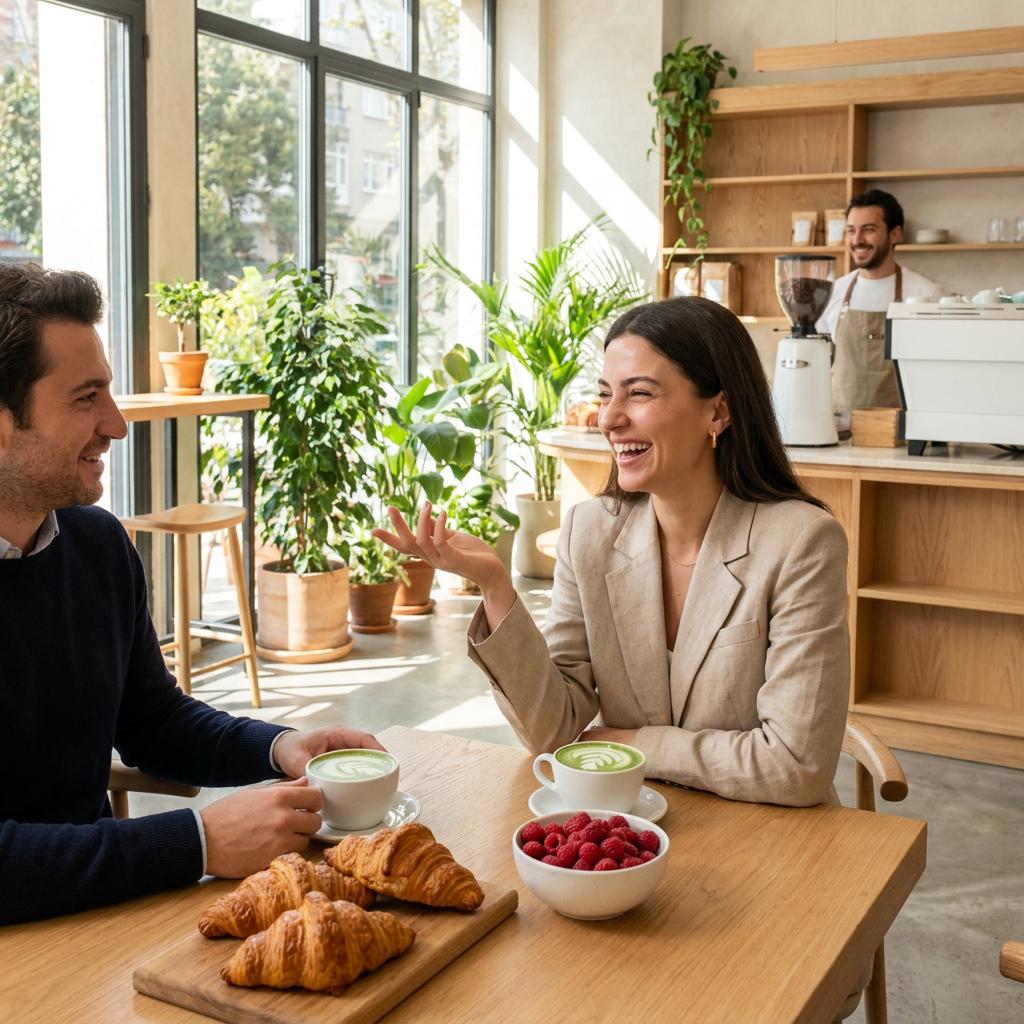 Beşiktaş palmeyeli açık hava avlusunda vantilatörler altında buzlu matcha ve cold brew eşliğinde çalışan şık kreatif profesyoneller