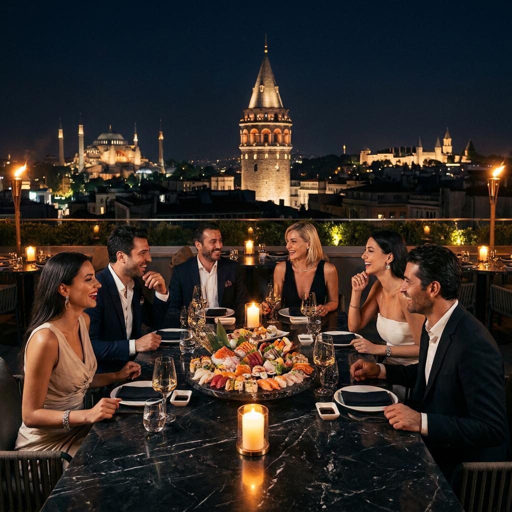 Pera tarihi binaları üzerinde yükselen, Galata Kulesi manzaralı şık bir rooftop restoranda mum ışığı altında büyük suşi tepsilerini paylaşan elit ve tarz sahibi çiftler